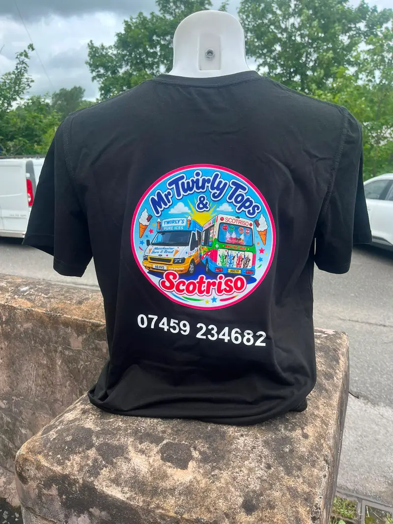 Black t-shirt printed with the Mr Twirly Tops and Scotriso ice cream van logo and phone number