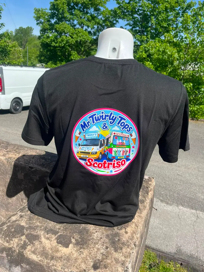 Black t-shirt printed with the Mr Twirly Tops and Scotriso logo on the back