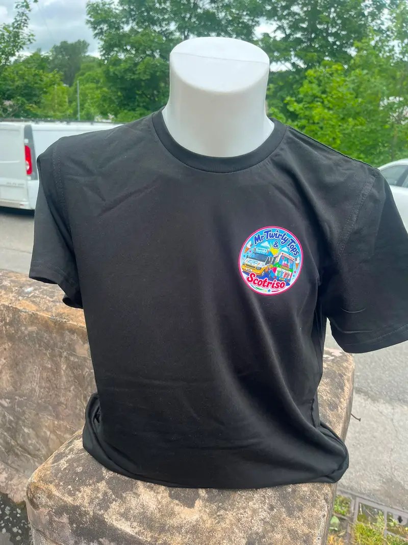 Black t-shirt with a printed Mr Twirly Tops and Scotriso badge on the chest