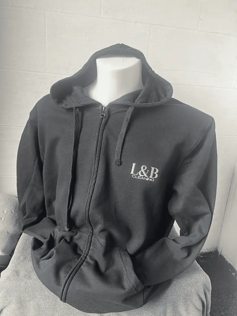 Black zip hoodie embroidered with the L&B Cleaning logo