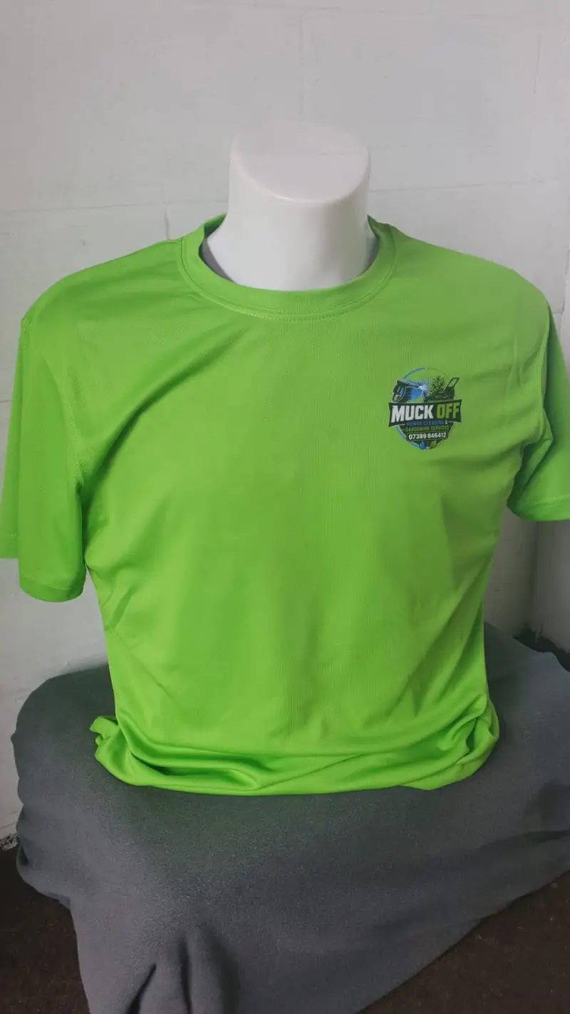 Lime green work t-shirt with printed Muck Off logo on the left chest