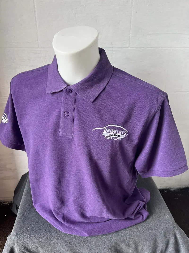 Purple polo shirt embroidered with the Brierleys Car Show logo