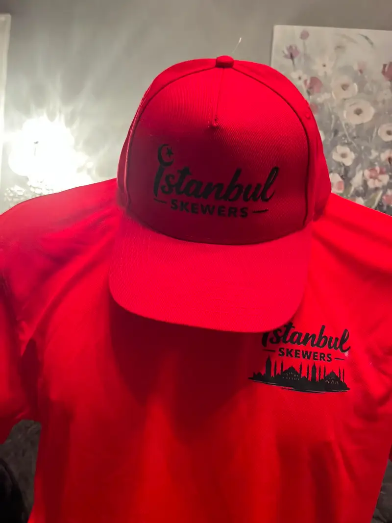 Red Istanbul Skewers cap and t-shirt with embroidered logo