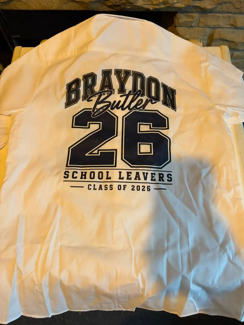 White school leavers shirt printed in Colne with a personalised varsity design for the Class of 2026